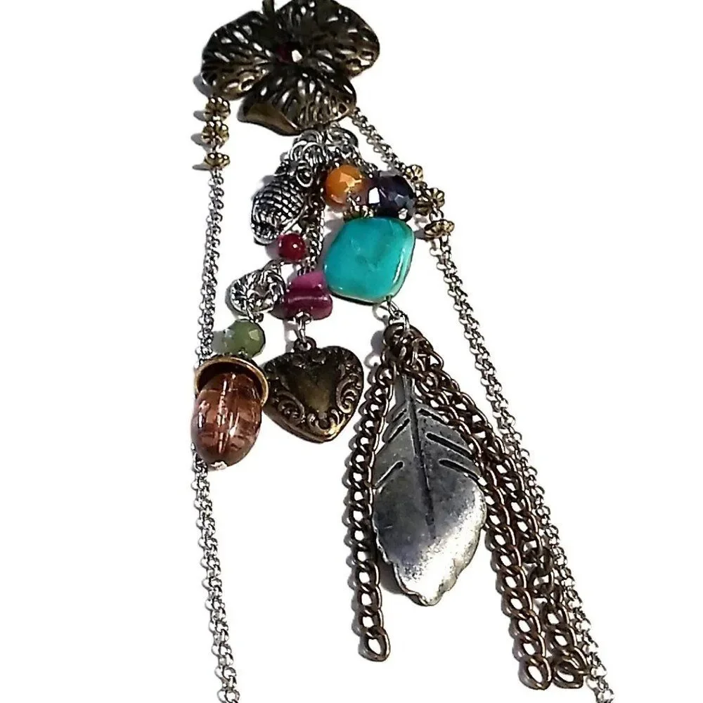 M&S Long Boho Charm Necklace Mixed Metals Colorful Beads Nature-Inspired Dangles